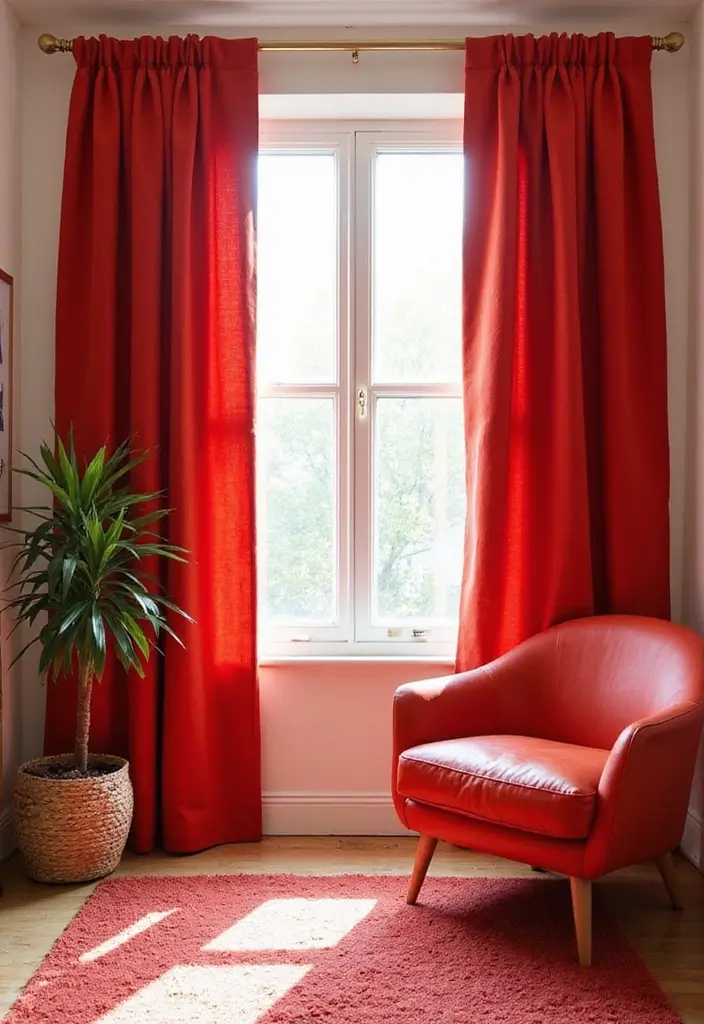28 Living Room Red Ideas That Feel Energetic and Bold - 6. Playful Red Curtains