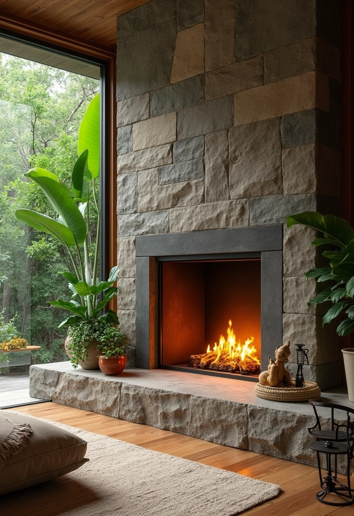 28 Luxury Fireplace Living Room Ideas That Feel Glamorous and Cozy - 19. Incorporating Natural Elements