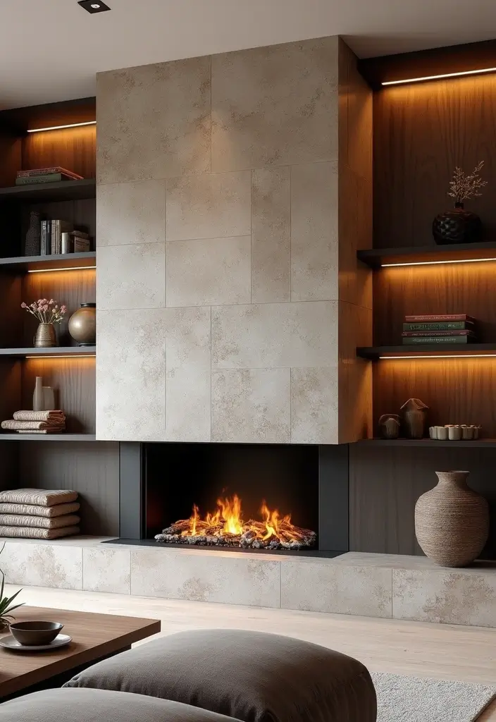 28 Luxury Fireplace Living Room Ideas That Feel Glamorous and Cozy - 2. Statement Wall with Built-in Fireplace