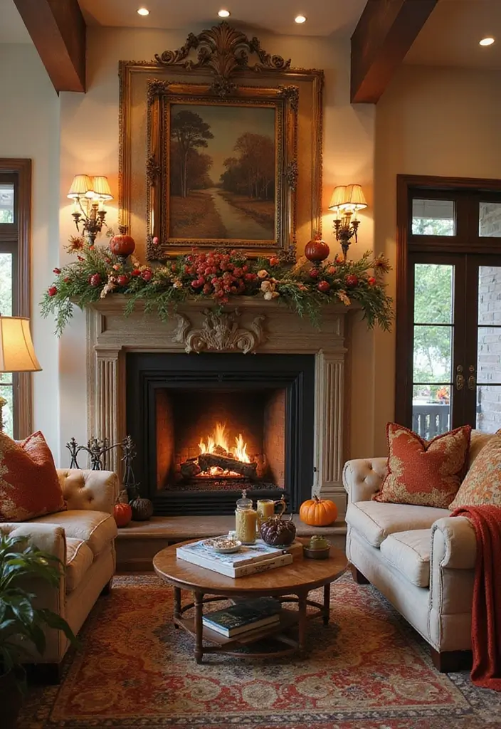28 Luxury Fireplace Living Room Ideas That Feel Glamorous and Cozy - 21. Seasonal Decor Around the Fireplace