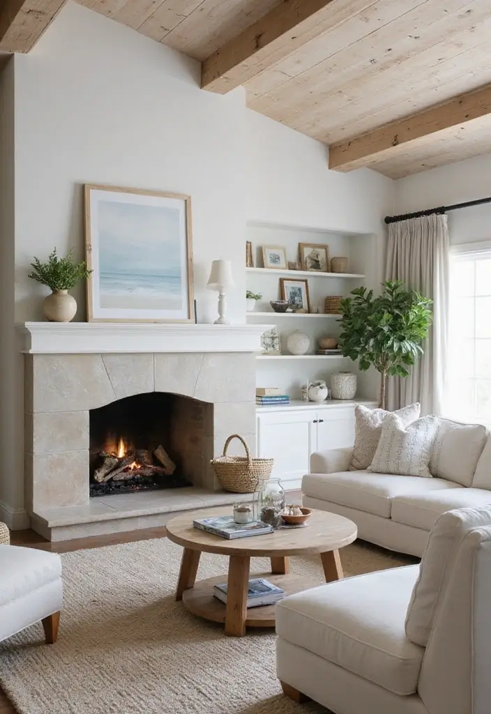 28 Luxury Fireplace Living Room Ideas That Feel Glamorous and Cozy - 23. Coastal Vibes with a Modern Touch