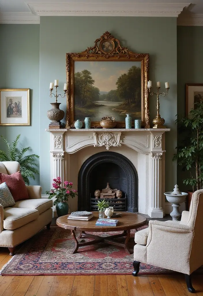 28 Luxury Fireplace Living Room Ideas That Feel Glamorous and Cozy - 25. Incorporating Vintage Finds