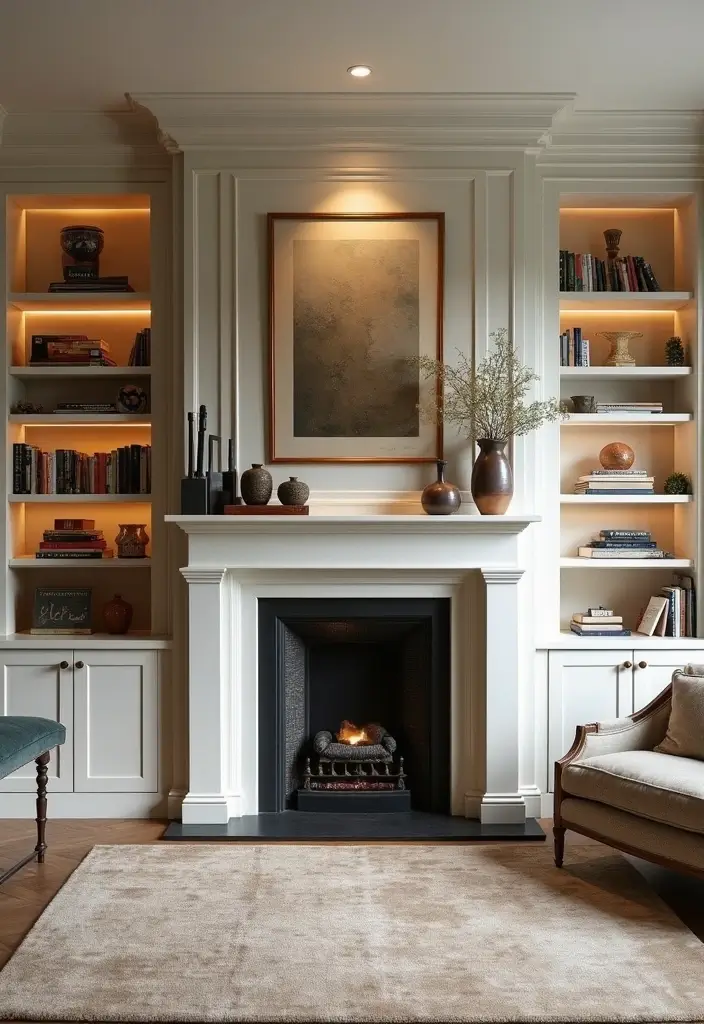 28 Luxury Fireplace Living Room Ideas That Feel Glamorous and Cozy - 8. Built-in Shelving for a Cozy Library Feel