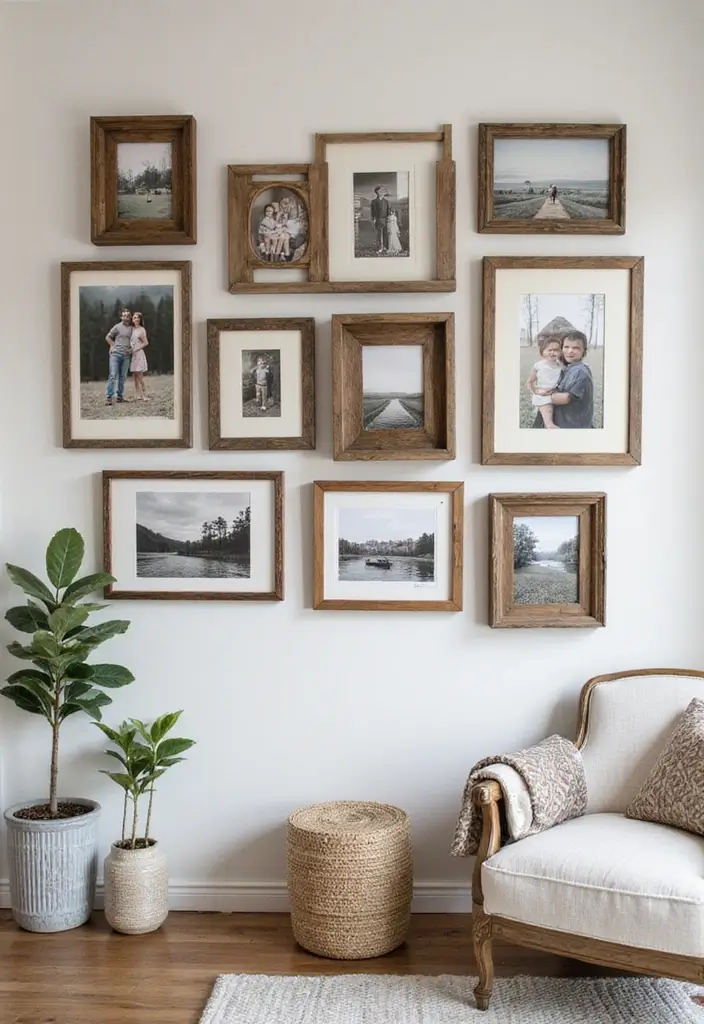 28 Modern Farmhouse Wall Decor Living Room Ideas That Feel Rustic and Clean - 1. Rustic Wooden Frame Gallery Wall