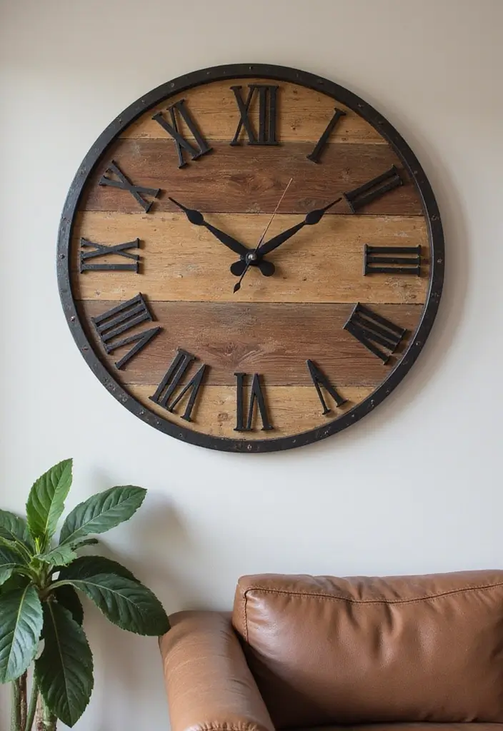28 Modern Farmhouse Wall Decor Living Room Ideas That Feel Rustic and Clean - 10. Rustic Clock Decor