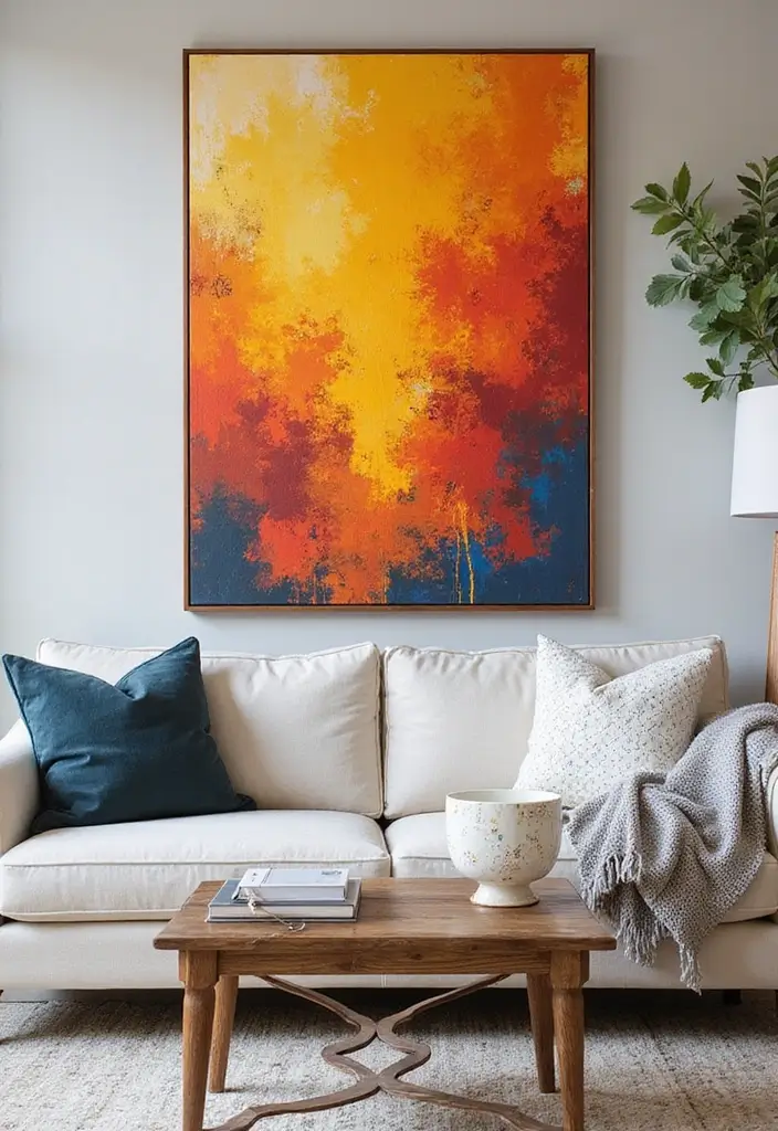 28 Modern Farmhouse Wall Decor Living Room Ideas That Feel Rustic and Clean - 14. Large Canvas Art