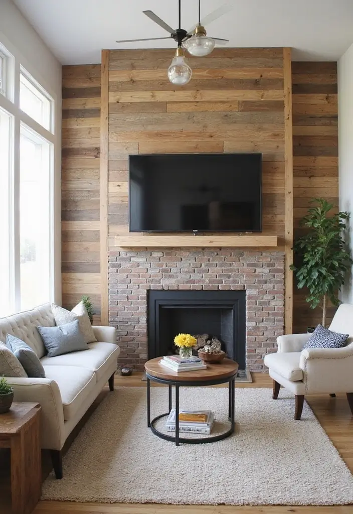 28 Modern Farmhouse Wall Decor Living Room Ideas That Feel Rustic and Clean - 17. Wood Plank Accent Wall