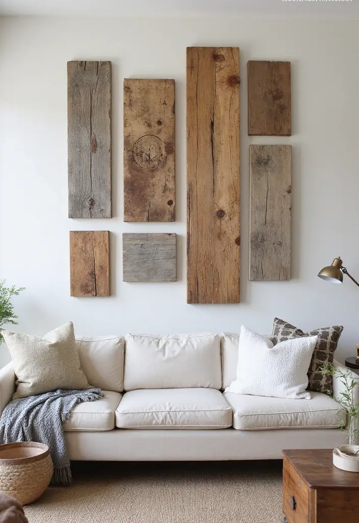 28 Modern Farmhouse Wall Decor Living Room Ideas That Feel Rustic and Clean - 19. Salvaged Wood Art Pieces