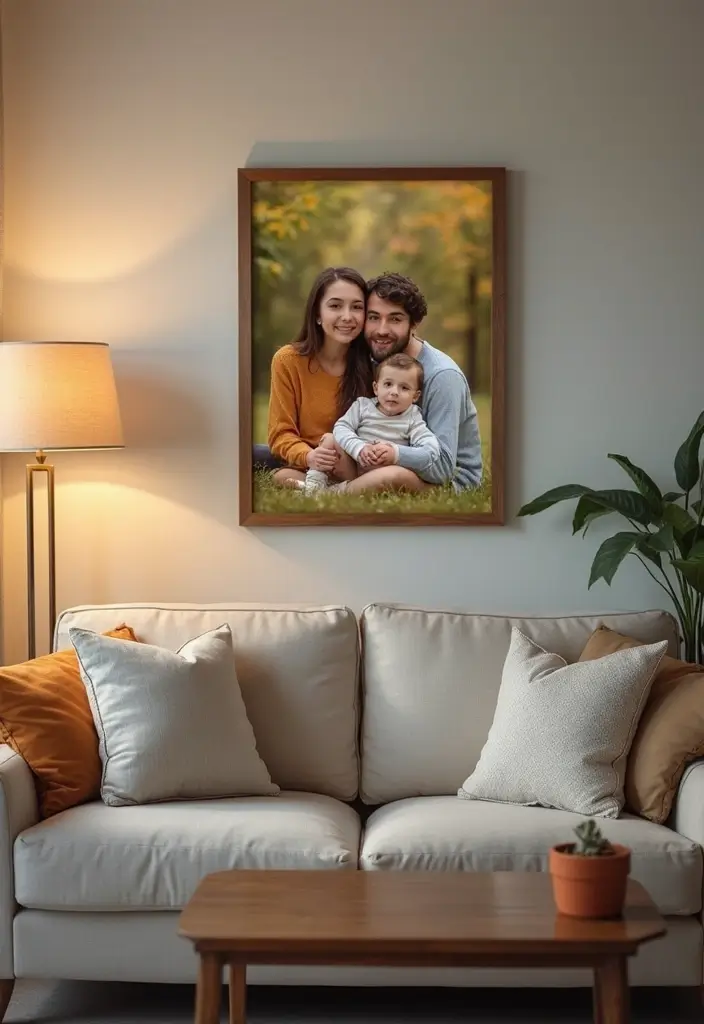 28 Modern Farmhouse Wall Decor Living Room Ideas That Feel Rustic and Clean - 21. Personalized Family Portraits