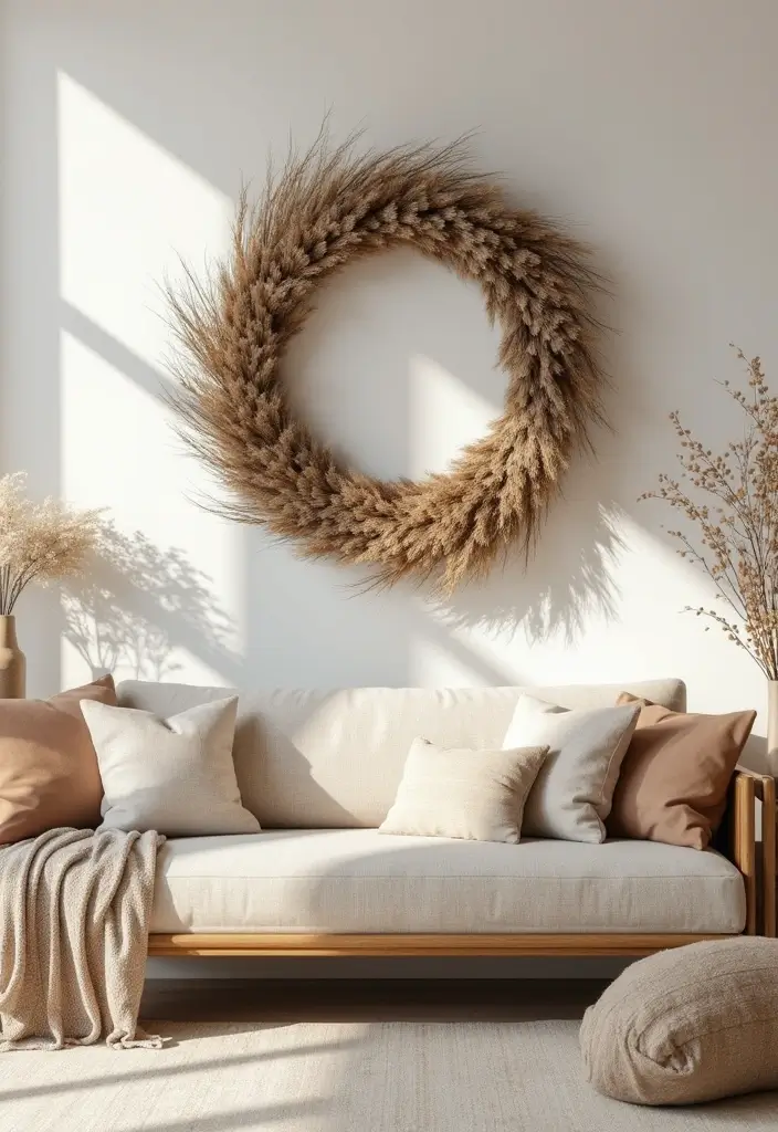 28 Modern Farmhouse Wall Decor Living Room Ideas That Feel Rustic and Clean - 22. Simple Decorative Wreaths