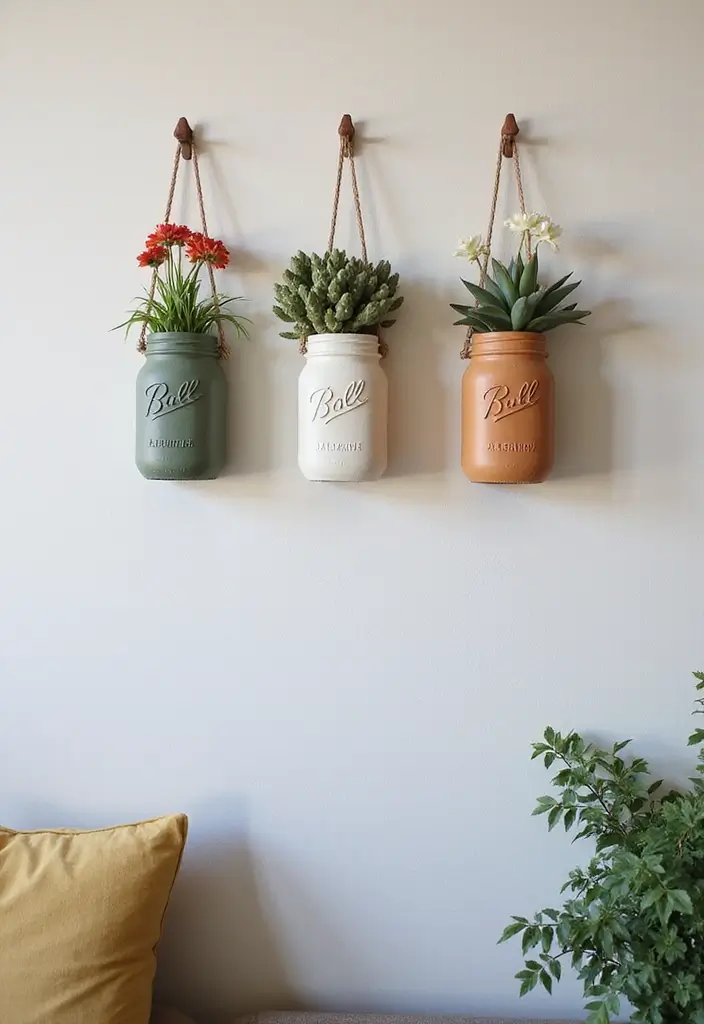 28 Modern Farmhouse Wall Decor Living Room Ideas That Feel Rustic and Clean - 25. Painted Mason Jars as Wall Decor