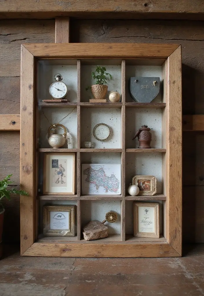 28 Modern Farmhouse Wall Decor Living Room Ideas That Feel Rustic and Clean - 26. Shadow Box Displays