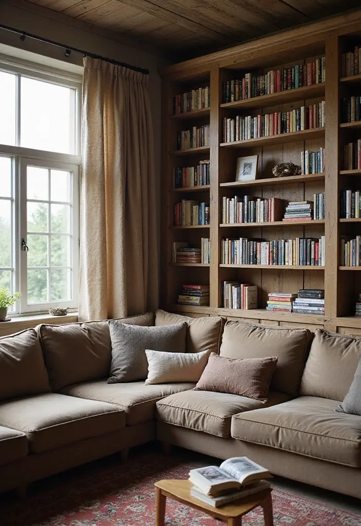 28 Modern Farmhouse Wall Decor Living Room Ideas That Feel Rustic and Clean - 28. Farmhouse-Themed Movie or Book Nook