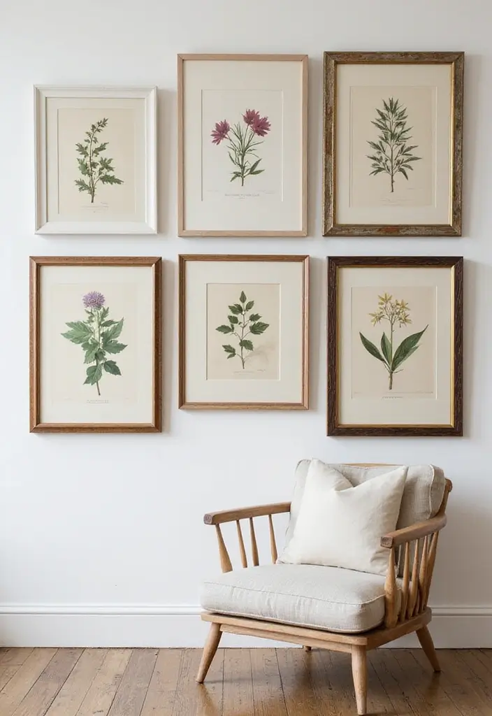 28 Modern Farmhouse Wall Decor Living Room Ideas That Feel Rustic and Clean - 3. Vintage Botanical Prints