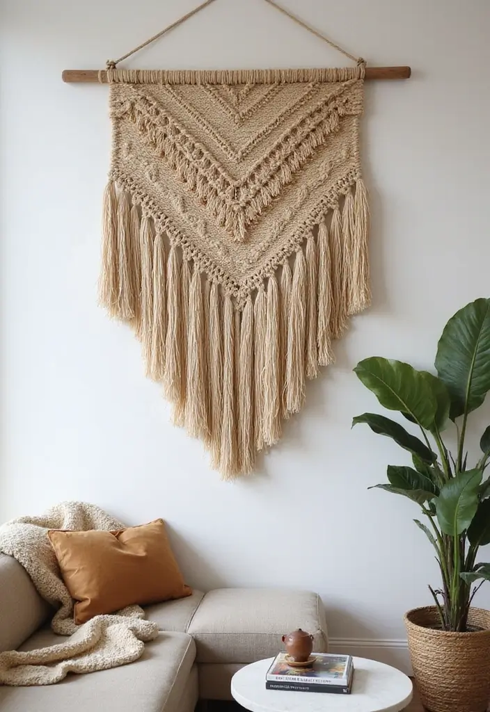 28 Modern Farmhouse Wall Decor Living Room Ideas That Feel Rustic and Clean - 4. Woven Wall Hangings