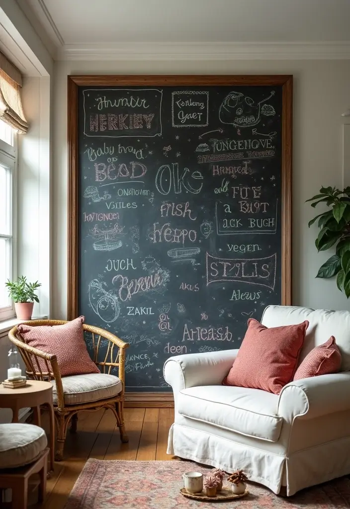 28 Modern Farmhouse Wall Decor Living Room Ideas That Feel Rustic and Clean - 5. Chalkboard Wall for Notes and Memories
