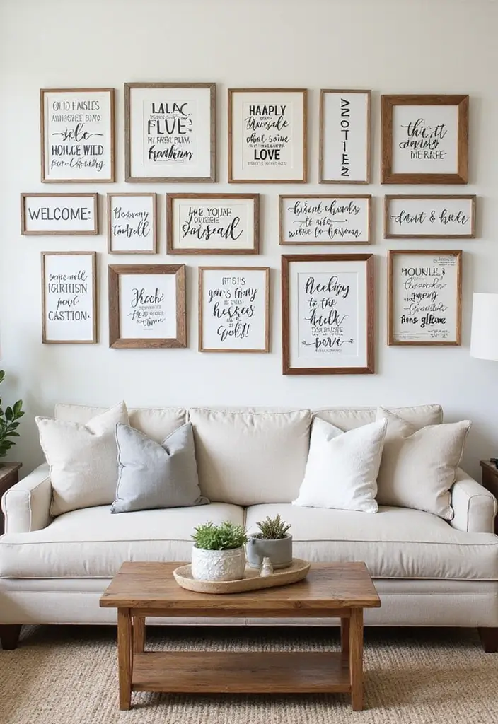 28 Modern Farmhouse Wall Decor Living Room Ideas That Feel Rustic and Clean - 6. Farmhouse Signage