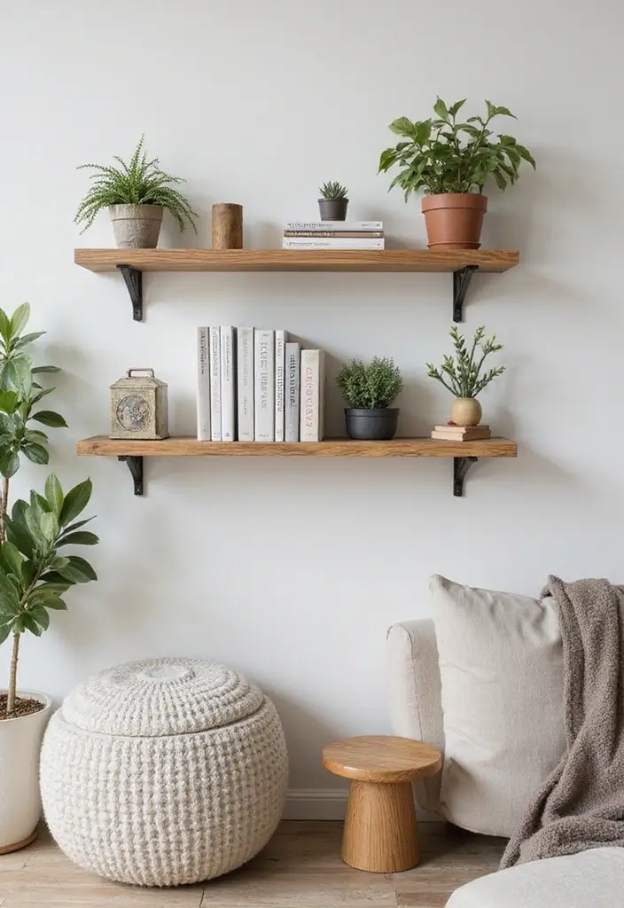 28 Modern Farmhouse Wall Decor Living Room Ideas That Feel Rustic and Clean - 7. Floating Shelves with Decor