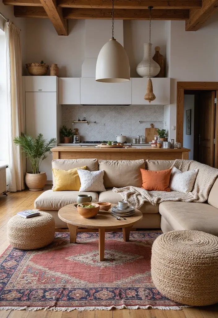 28 Open Kitchen and Living Room Indian Style Ideas That Feel Bright and Welcoming - 12. Warm Textiles