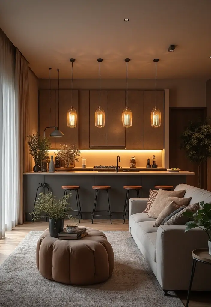 28 Open Kitchen and Living Room Indian Style Ideas That Feel Bright and Welcoming - 16. Layered Lighting