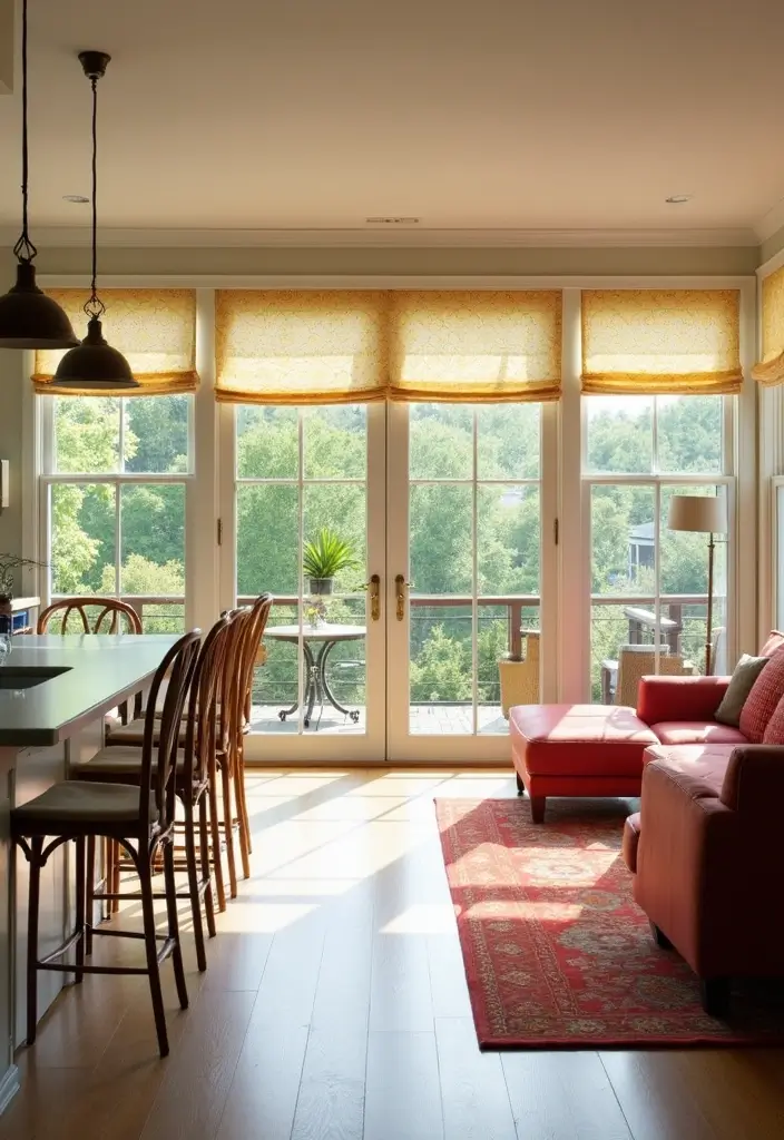 28 Open Kitchen and Living Room Indian Style Ideas That Feel Bright and Welcoming - 21. Bright Window Treatments