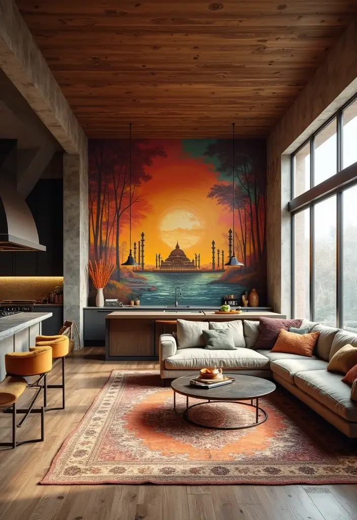 28 Open Kitchen and Living Room Indian Style Ideas That Feel Bright and Welcoming - 23. Artistic Wall Murals