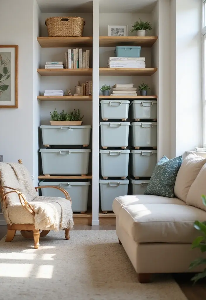 28 Small Living Room Storage Ideas That Keep Things Organized - 13. Stackable Storage Bins