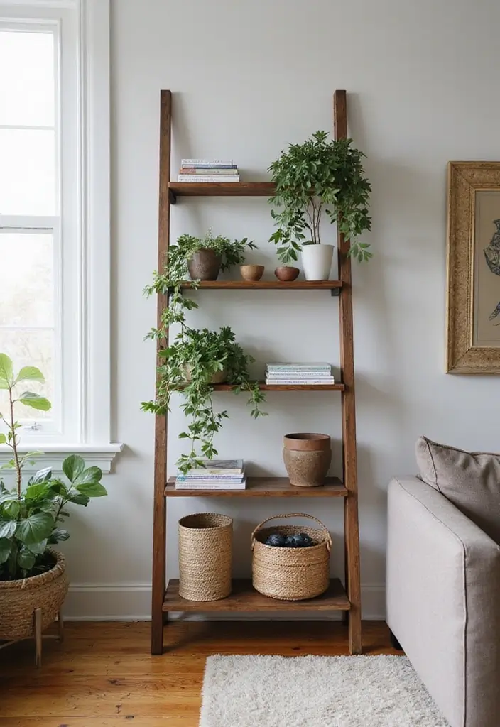 28 Small Living Room Storage Ideas That Keep Things Organized - 17. Use a Ladder Shelf