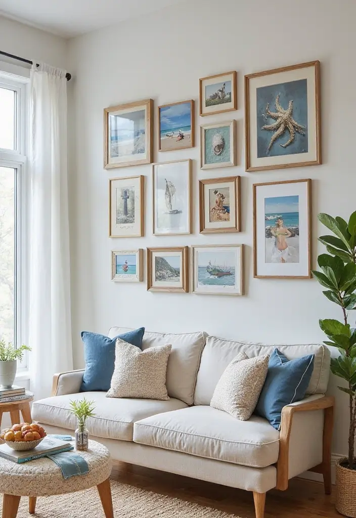 28 Toca Boca House Ideas Coastal Villa Living Room That Feel Sunny and Fun - 23. Beach-Themed Gallery Walls