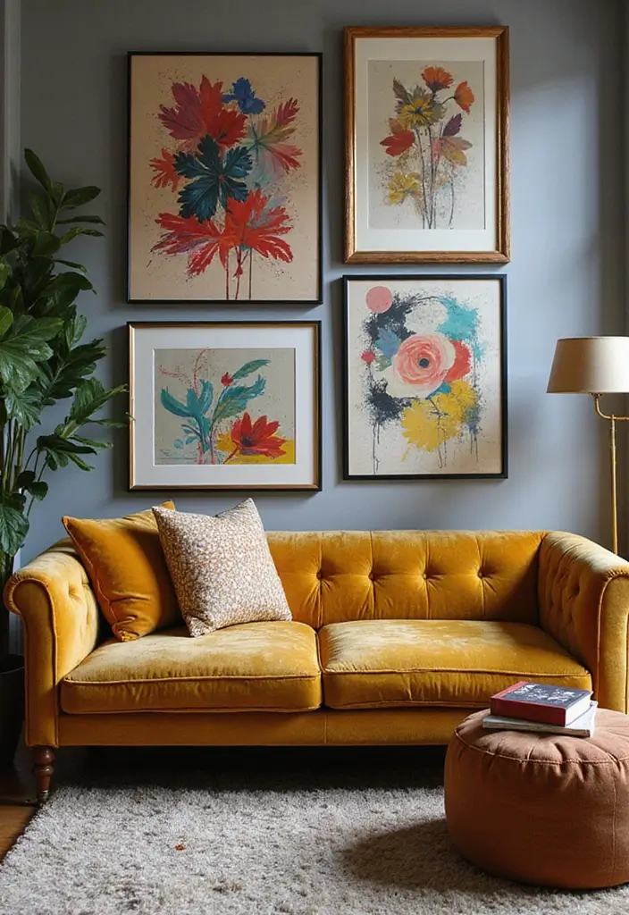 28 Velvet Sofa Living Room Ideas That Add Luxe Texture - 20. Artistic Flair