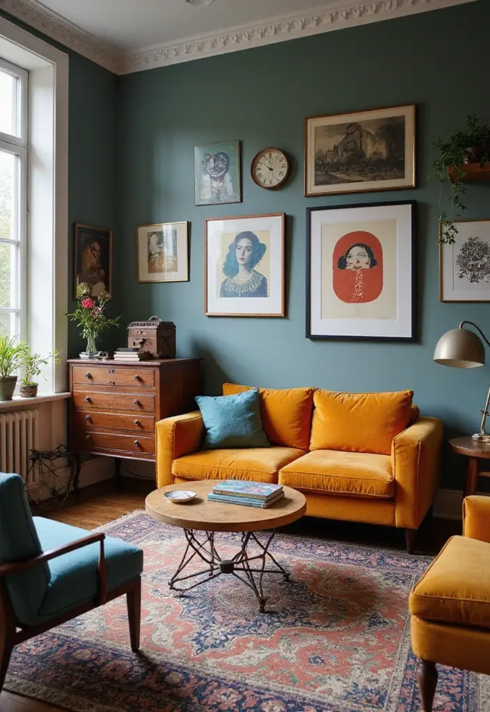 28 Velvet Sofa Living Room Ideas That Add Luxe Texture - 26. Eclectic Mix