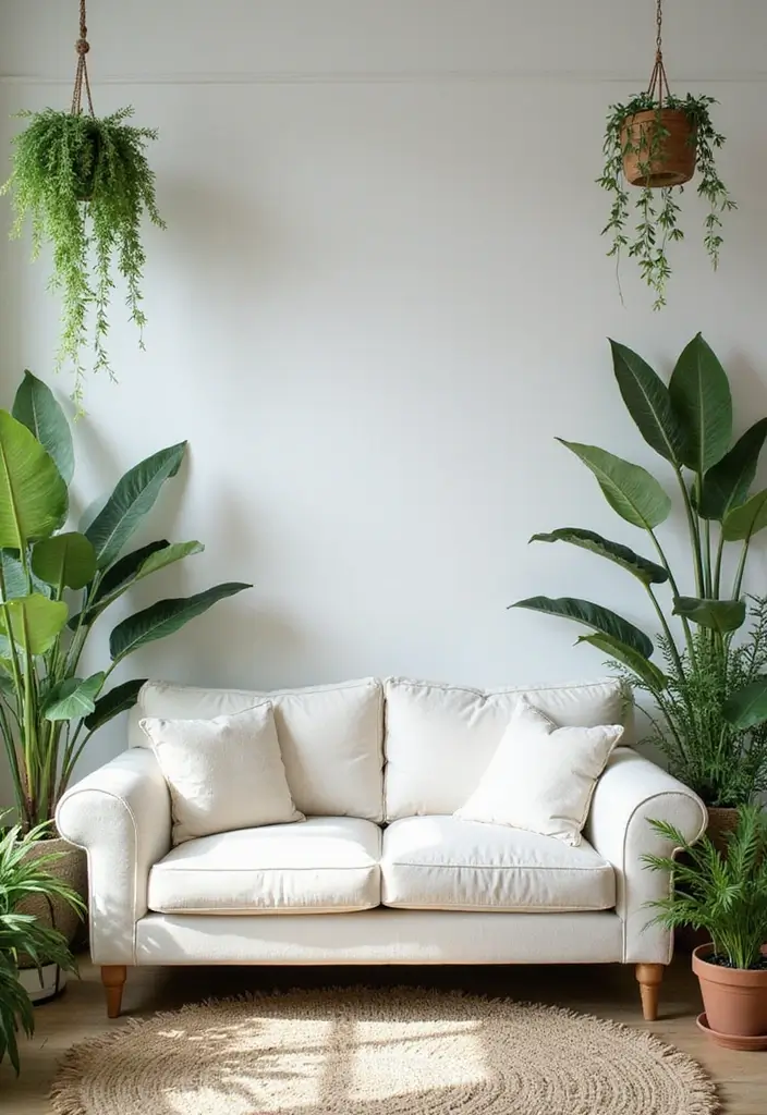 28 White Sofas Living Room Ideas That Feel Modern and Airy - 10. Plants and Greenery
