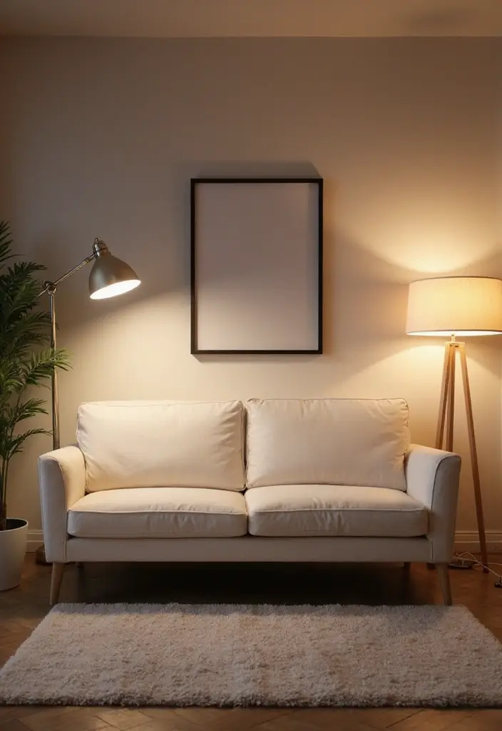28 White Sofas Living Room Ideas That Feel Modern and Airy - 13. Layered Lighting