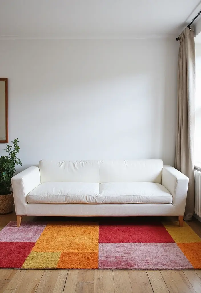 28 White Sofas Living Room Ideas That Feel Modern and Airy - 16. Bold Rug Choices