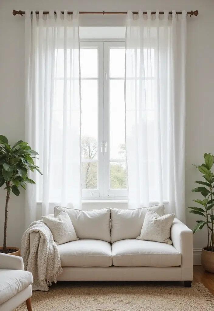 28 White Sofas Living Room Ideas That Feel Modern and Airy - 20. Minimalist Window Treatments