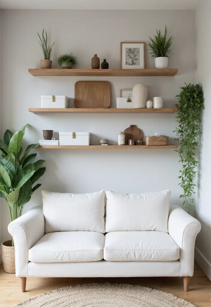 28 White Sofas Living Room Ideas That Feel Modern and Airy - 3. Open Shelving Accents