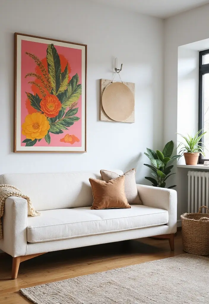 28 White Sofas Living Room Ideas That Feel Modern and Airy - 5. Bright Artwork