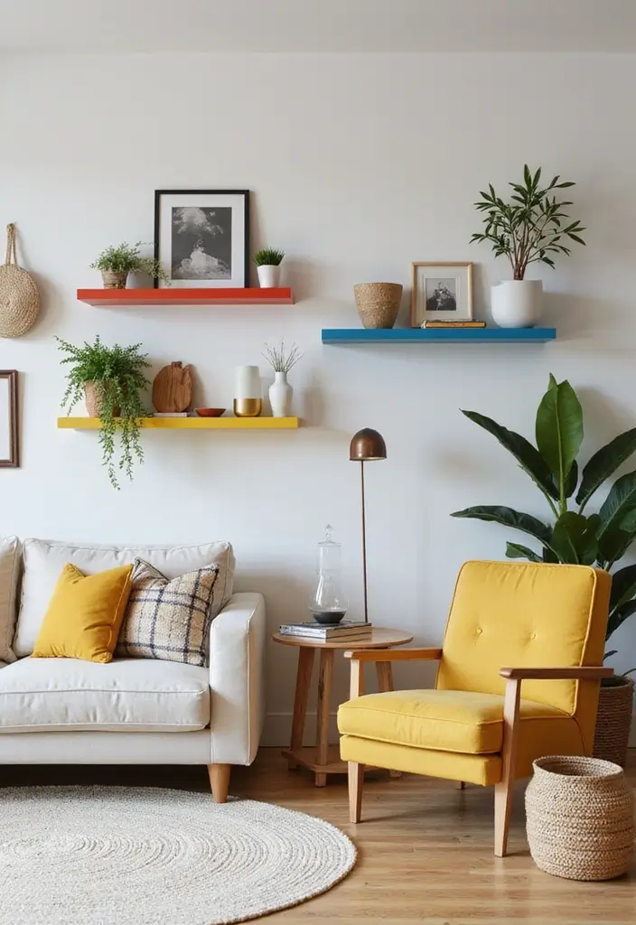 28 Y2K Living Room Ideas That Feel Retro and Fun - 24. Stylish Floating Shelves