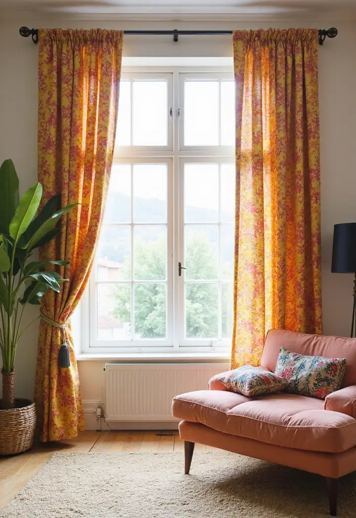 28 Y2K Living Room Ideas That Feel Retro and Fun - 8. Bright Drapes