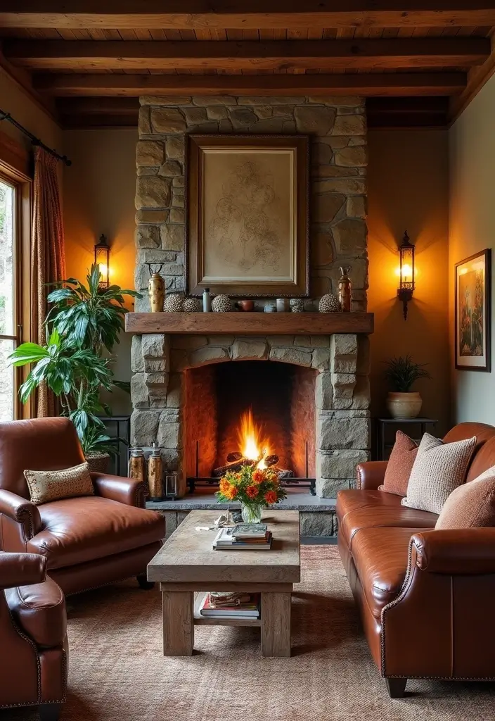 29 Brown Fireplace Living Room Ideas That Add Warmth and Character - 1. Classic Rustic Charm