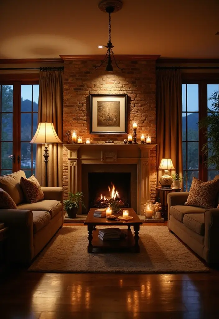 29 Brown Fireplace Living Room Ideas That Add Warmth and Character - 13. Layered Lighting