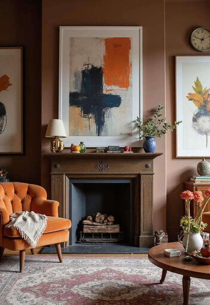 29 Brown Fireplace Living Room Ideas That Add Warmth and Character - 15. Statement Artwork