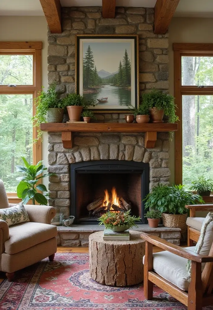 29 Brown Fireplace Living Room Ideas That Add Warmth and Character - 16. Outdoor-Inspired Decor