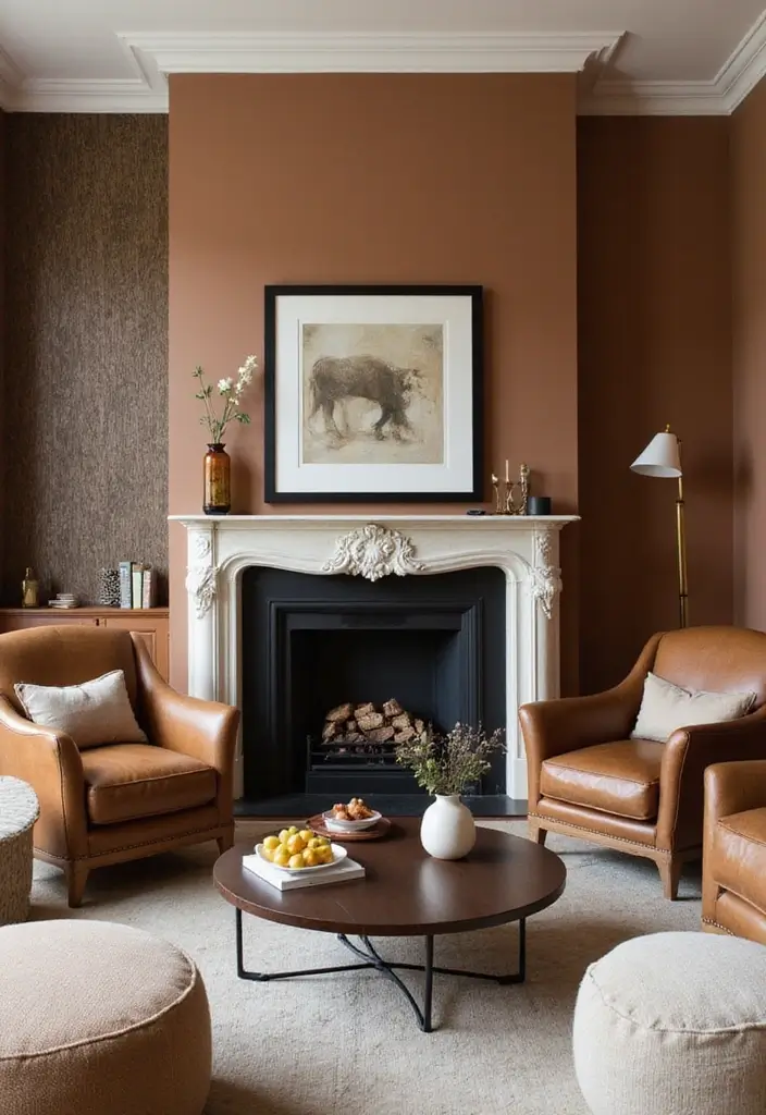 29 Brown Fireplace Living Room Ideas That Add Warmth and Character - 19. Accent Walls