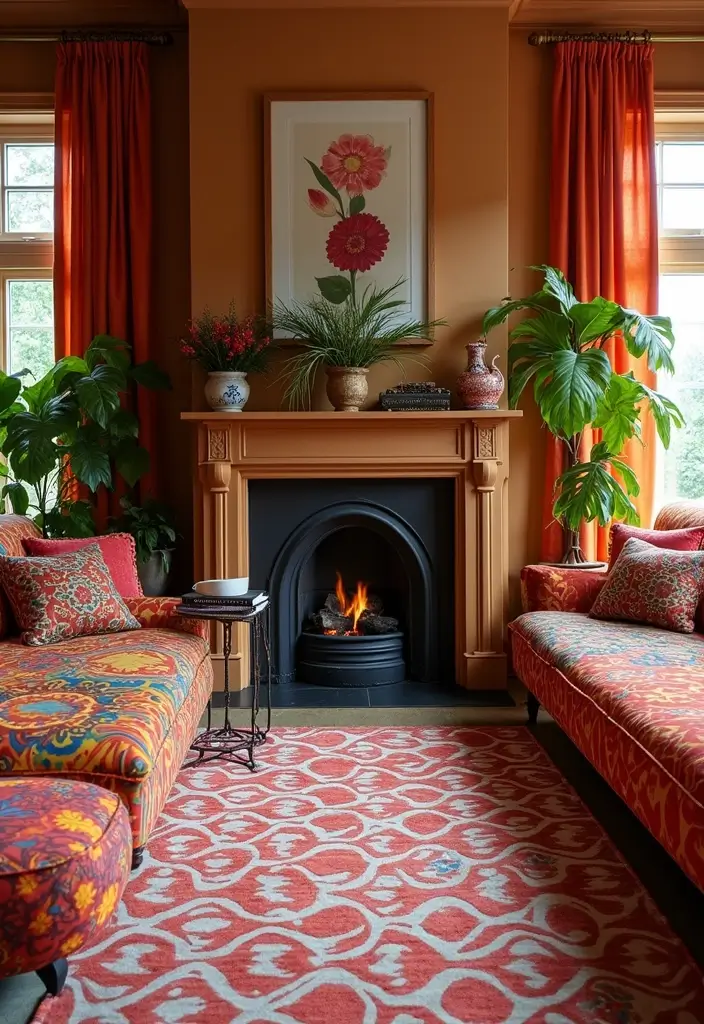 29 Brown Fireplace Living Room Ideas That Add Warmth and Character - 20. Patterned Textiles