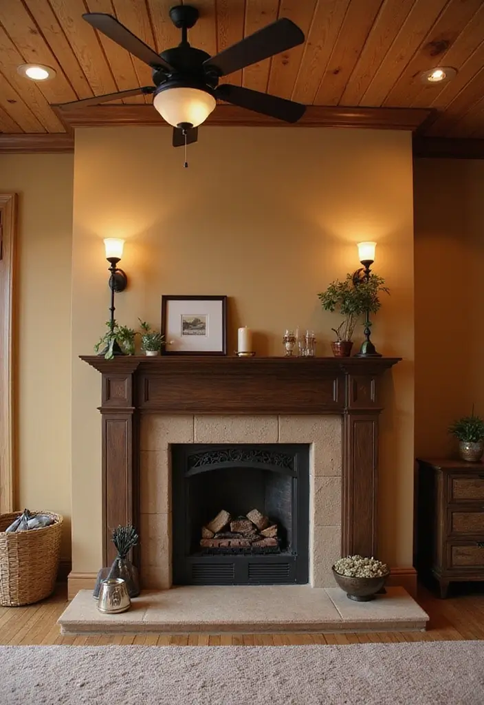 29 Brown Fireplace Living Room Ideas That Add Warmth and Character - 26. Stylish Ceiling Fans