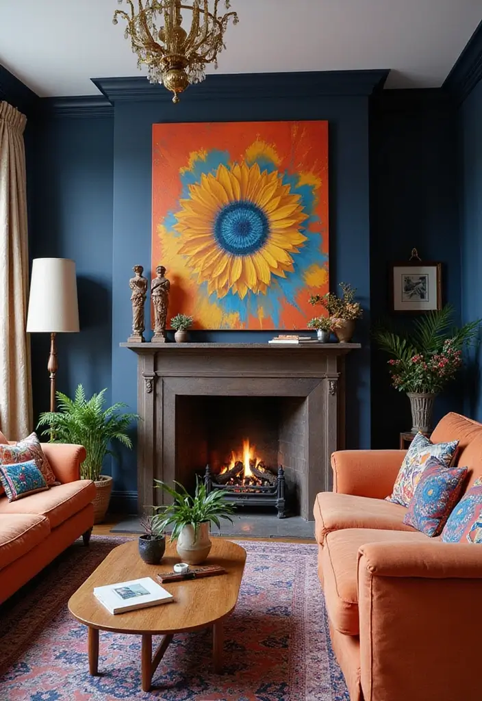 29 Brown Fireplace Living Room Ideas That Add Warmth and Character - 4. Bold Color Combinations