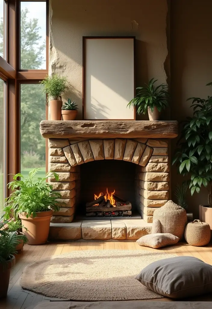 29 Brown Fireplace Living Room Ideas That Add Warmth and Character - 5. Nature-Inspired Themes
