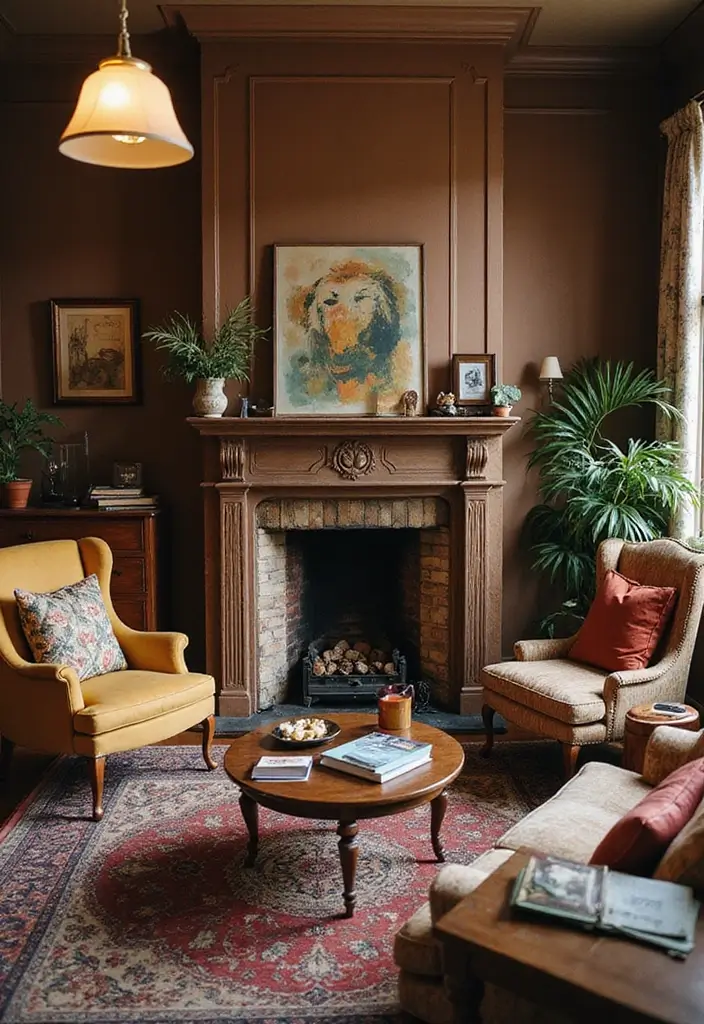 29 Brown Fireplace Living Room Ideas That Add Warmth and Character - 6. Vintage Eclectic Vibe