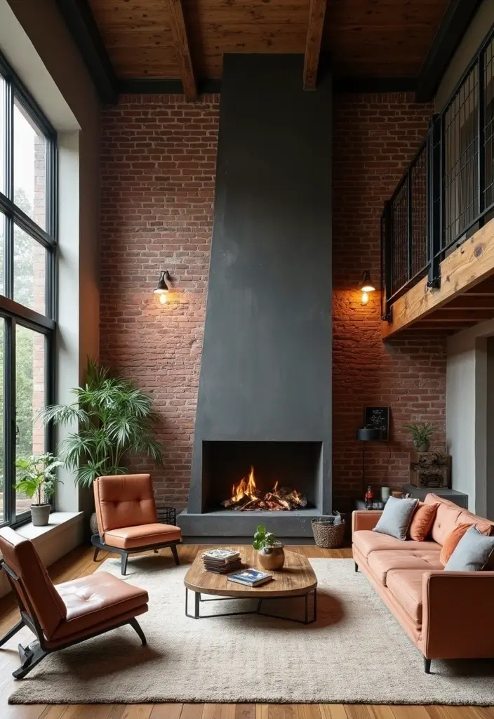 29 Brown Fireplace Living Room Ideas That Add Warmth and Character - 7. Industrial Chic